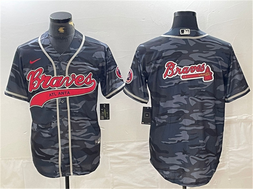 Men's Gray Atlanta Braves Camo Team Big Logo Cool Base With Patch Stitched Baseball Jersey